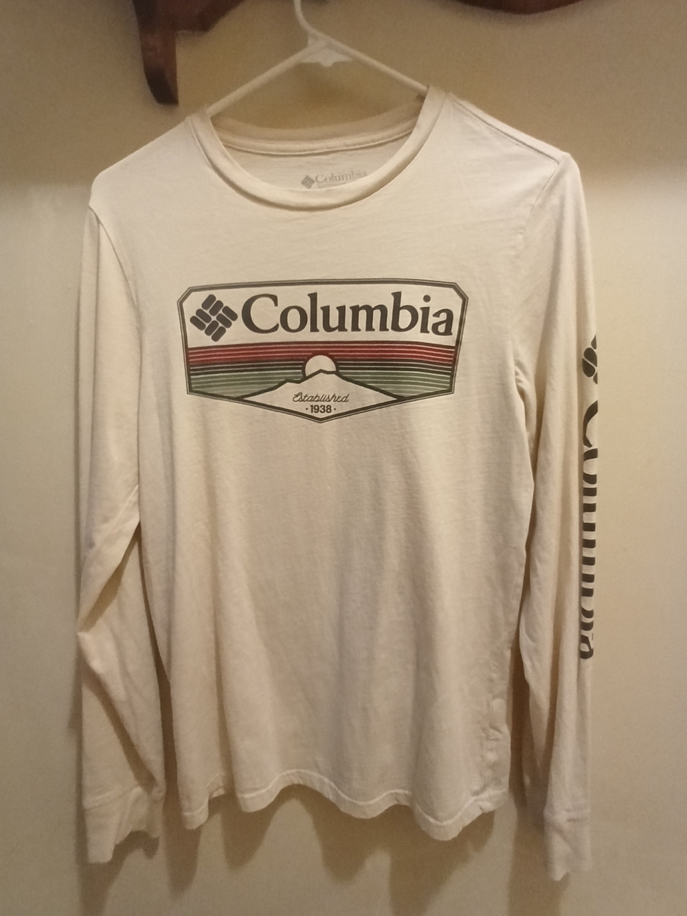 Columbia Cream Long-Sleeve Logo Tee with Multi-Color Stripe